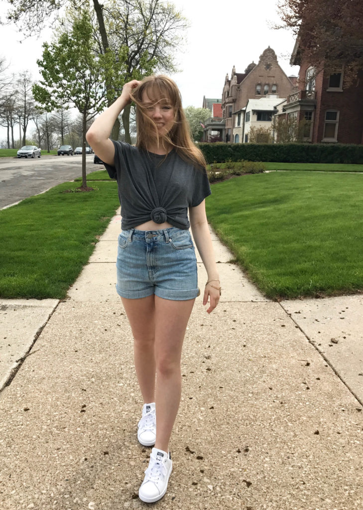 A CASUAL BASIC GRAY TEE WITH HIGH WAISTED SHORTS