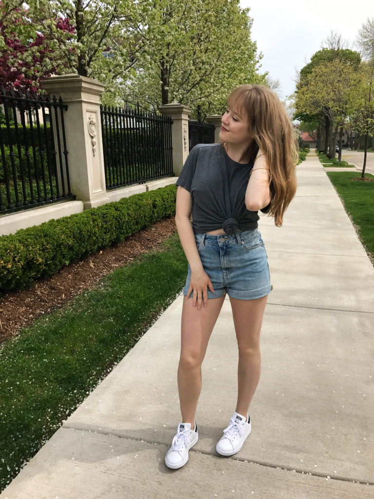 A CASUAL BASIC GRAY TEE WITH HIGH WAISTED SHORTS
